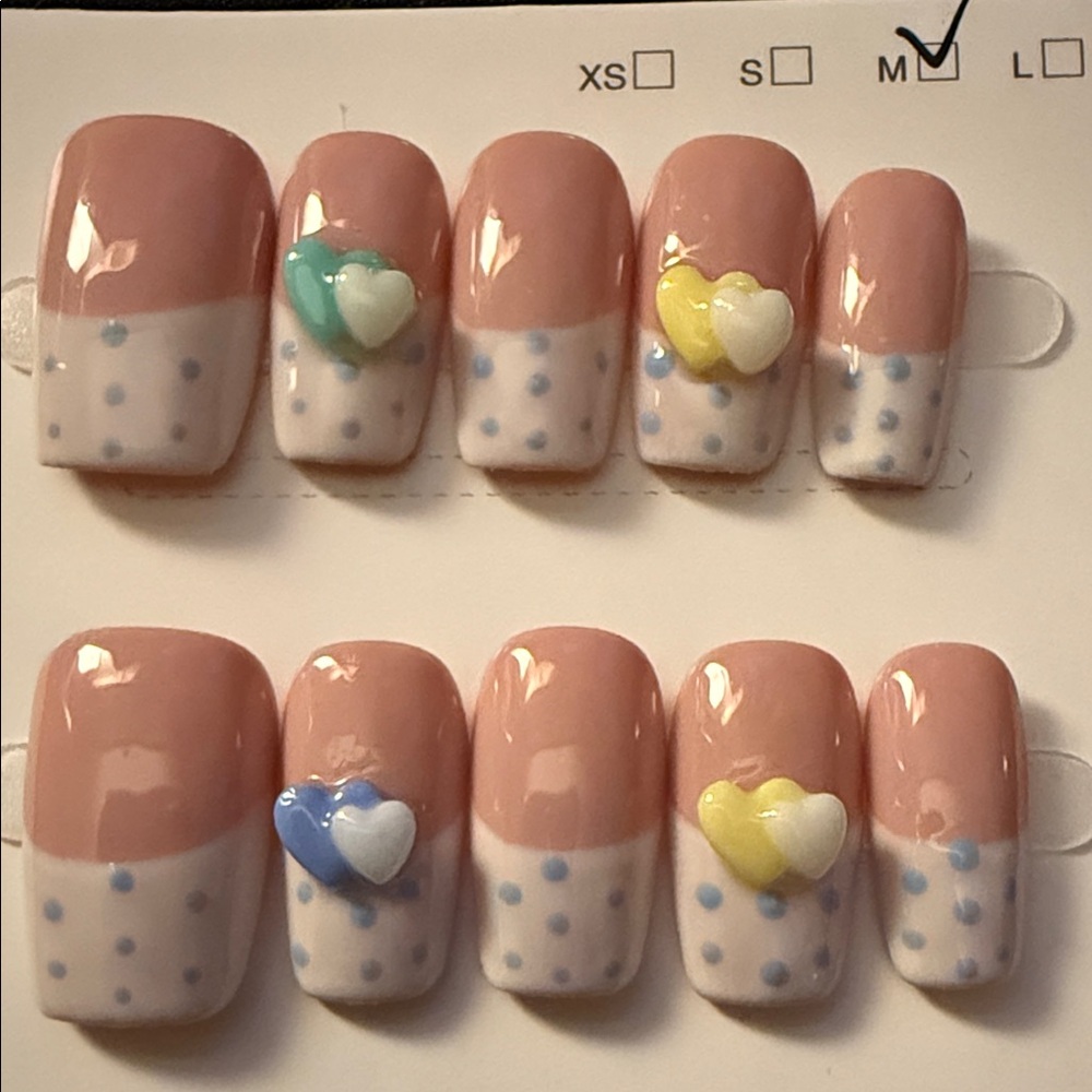 Pink and White Polka Dot French Tipped Press-On Nails with Heart Accents